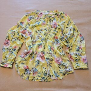 LOFT Floral Pleated Tie Split Neck Ruffle Trim Top Bright Yellow Blouse Size XXL